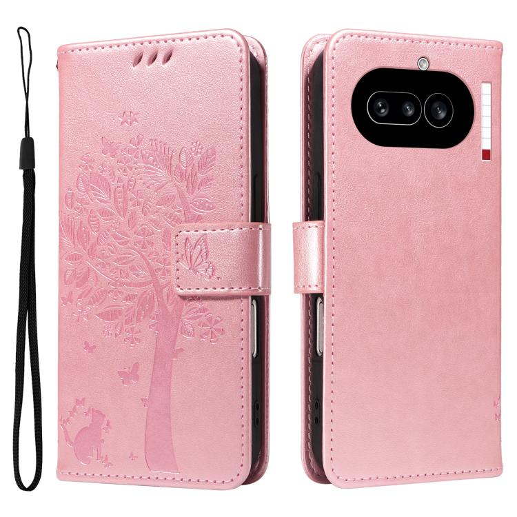 For Nothing Phone 4a Tree & Cat Embossed Pattern Flip Leather Phone Case