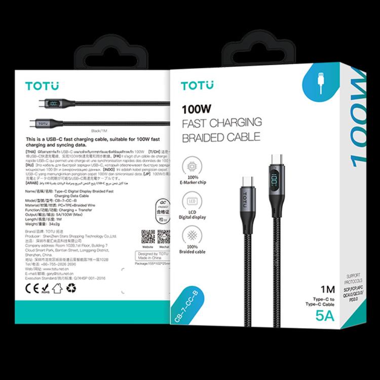 TOTU CB-7-T-B 30W USB to Type-C Digital Display Braided Fast Charging Data Cable, Length:1m - Grey