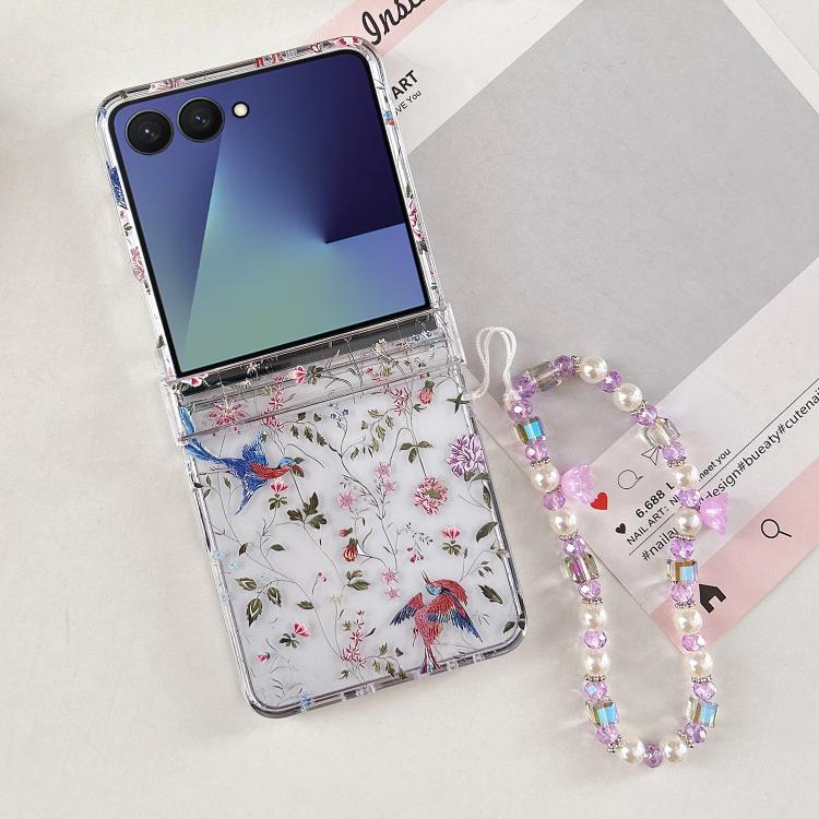 For Samsung Galaxy Z Flip7 5G Flowers Magpie Pattern Phone Case with Bracelet