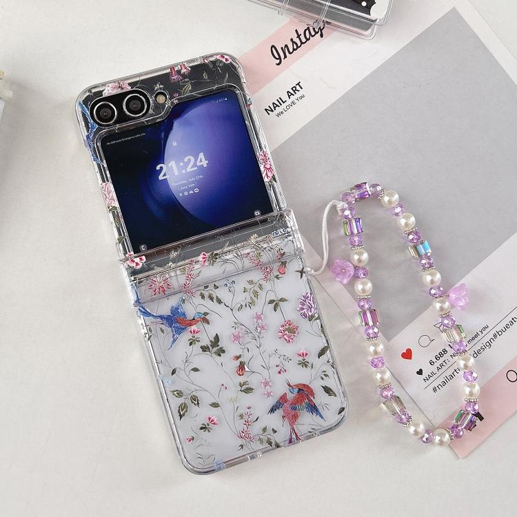 For Samsung Galaxy Z Flip5 Flowers Magpie Pattern Phone Case with Bracelet