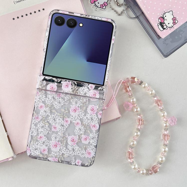 For Samsung Galaxy Z Flip7 5G Pink Rose Garden Pattern Phone Case with Bracelet