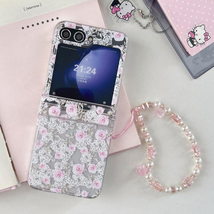 For Samsung Galaxy Z Flip6 Pink Rose Garden Pattern Phone Case with Bracelet