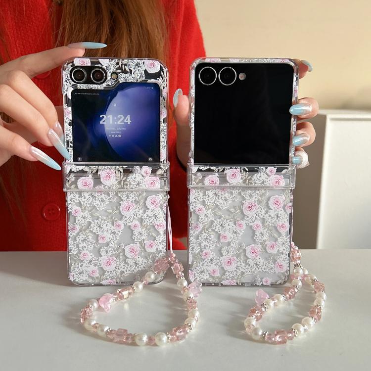 For Samsung Galaxy Z Flip6 Pink Rose Garden Pattern Phone Case with Bracelet