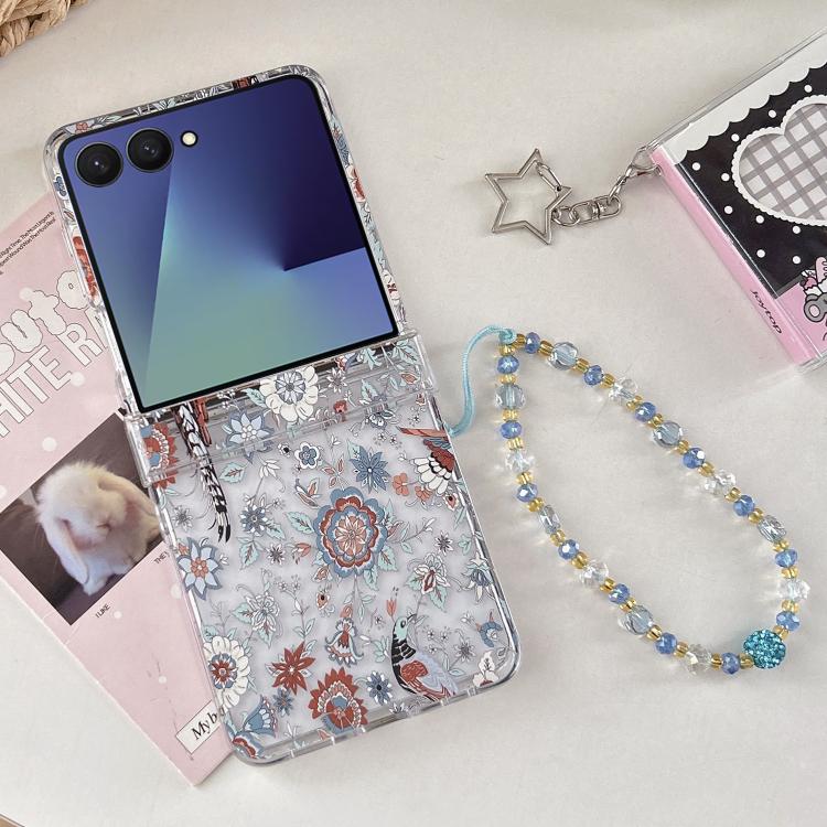 For Samsung Galaxy Z Flip7 5G Green Blue Flowers Pattern Phone Case with Bracelet
