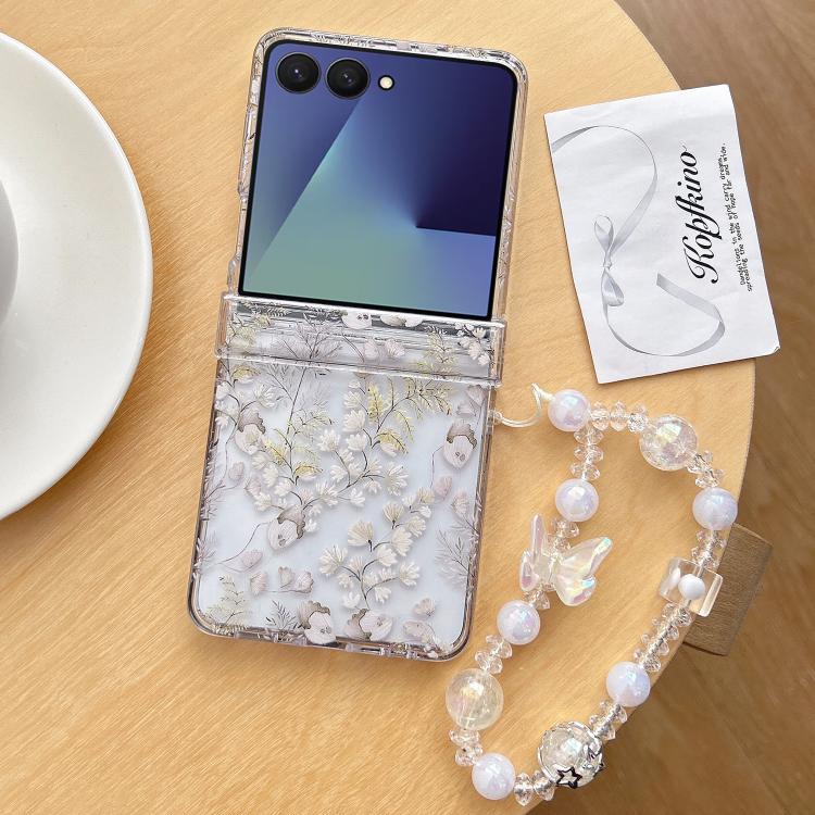 For Samsung Galaxy Z Flip7 5G White Flowers Leaves Pattern Phone Case with Bracelet