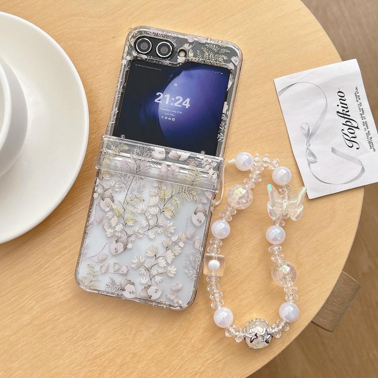 For Samsung Galaxy Z Flip5 White Flowers Leaves Pattern Phone Case with Bracelet