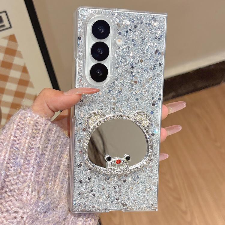 For Samsung Galaxy Z Fold7 5G Sparkling Diamond Bear Design Mirror Phone Case