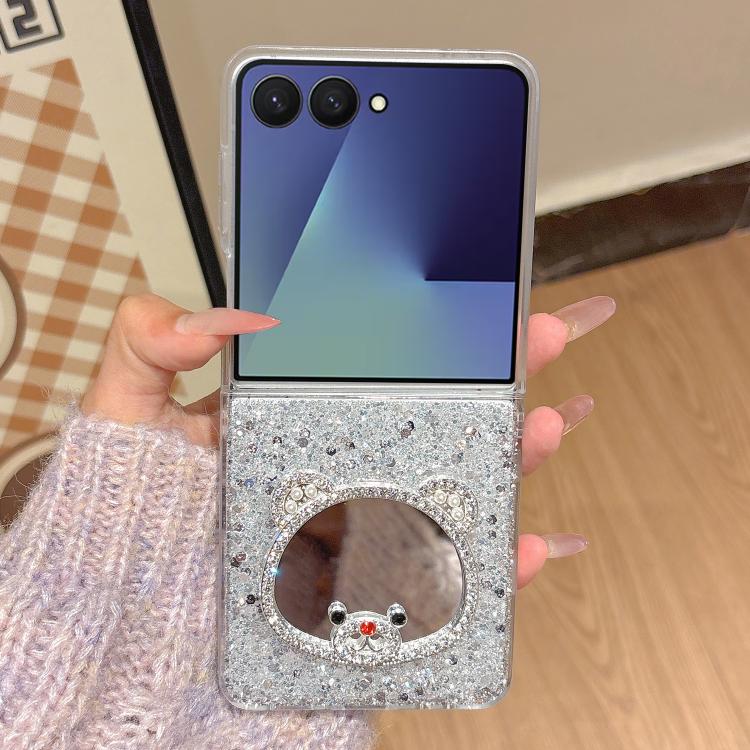 For Samsung Galaxy Z Flip7 5G Sparkling Diamond Bear Design Mirror Phone Case