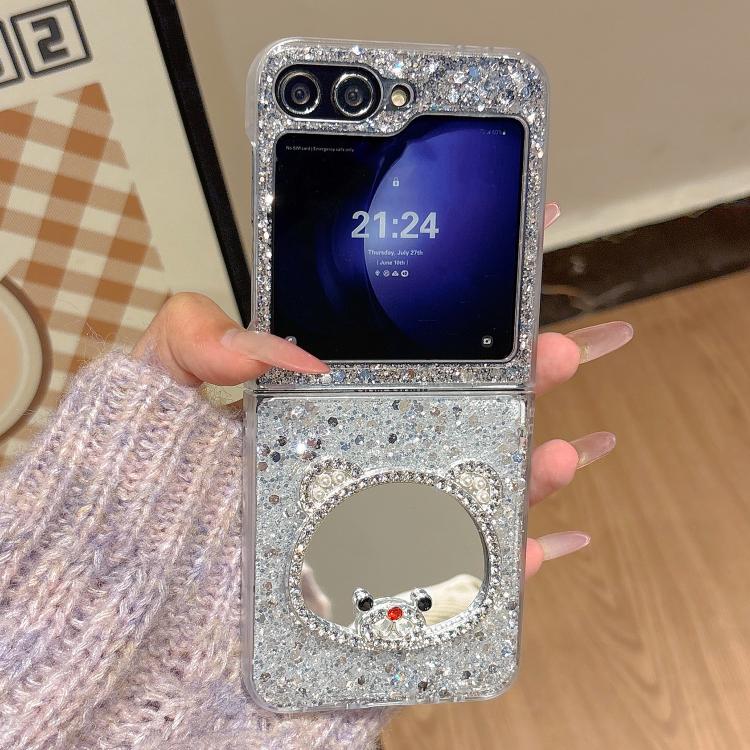 For Samsung Galaxy Z Flip6 Sparkling Diamond Bear Design Mirror Phone Case