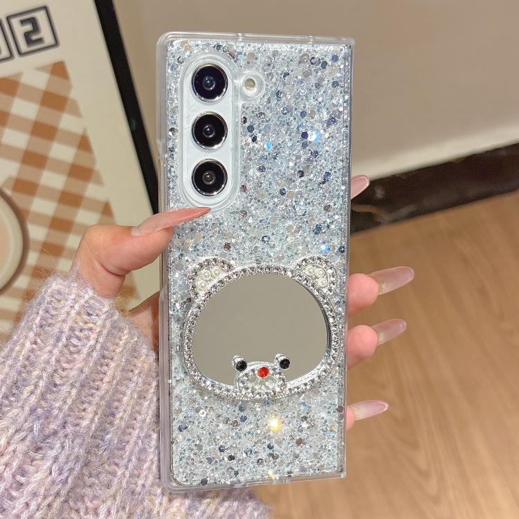 For Samsung Galaxy Z Fold6 Sparkling Diamond Bear Design Mirror Phone Case
