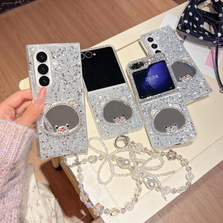 For Samsung Galaxy Z Fold6 Sparkling Diamond Bear Design Mirror Phone Case