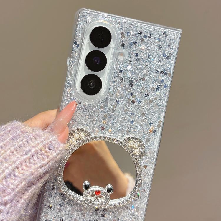 For Samsung Galaxy Z Fold6 Sparkling Diamond Bear Design Mirror Phone Case