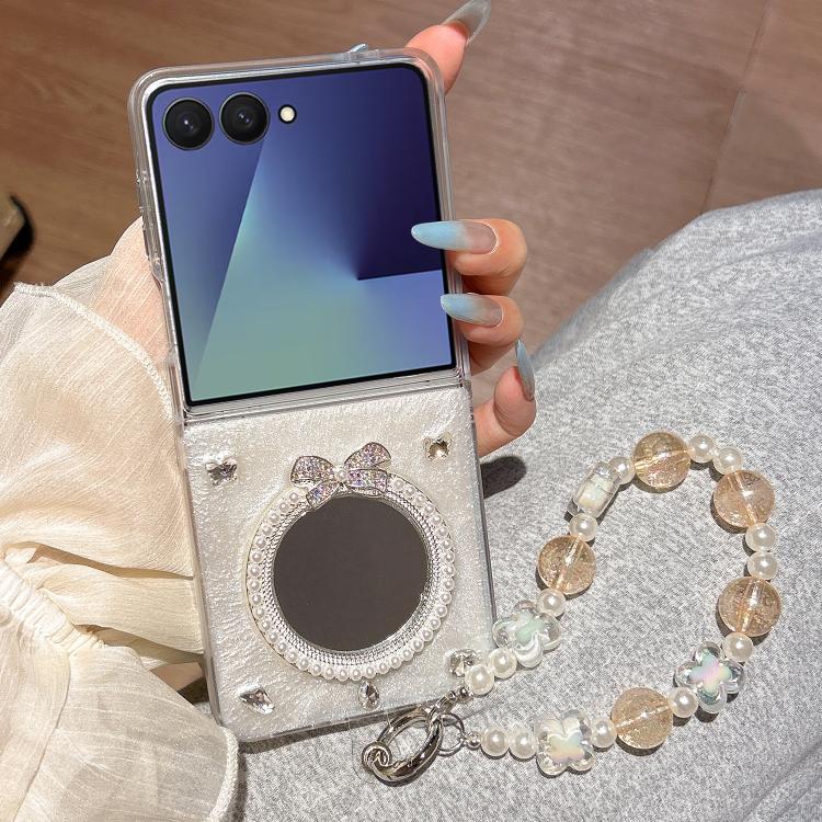 For Samsung Galaxy Z Flip7 5G Snowflake Silver Mirror Design Phone Case with Bracelet