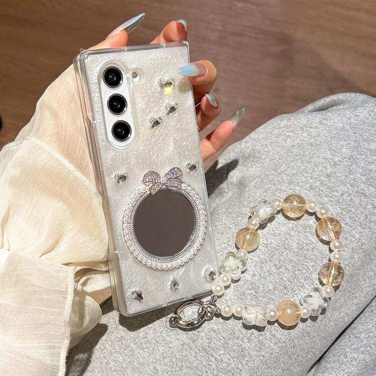 For Samsung Galaxy Z Fold6 Snowflake Silver Mirror Design Phone Case with Bracelet