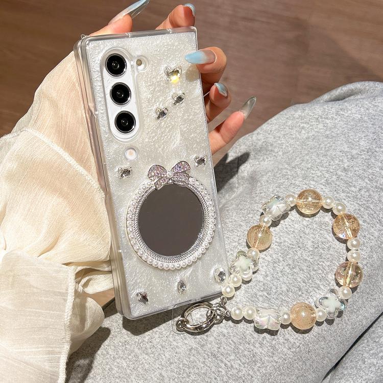For Samsung Galaxy Z Fold4 Snowflake Silver Mirror Design Phone Case with Bracelet