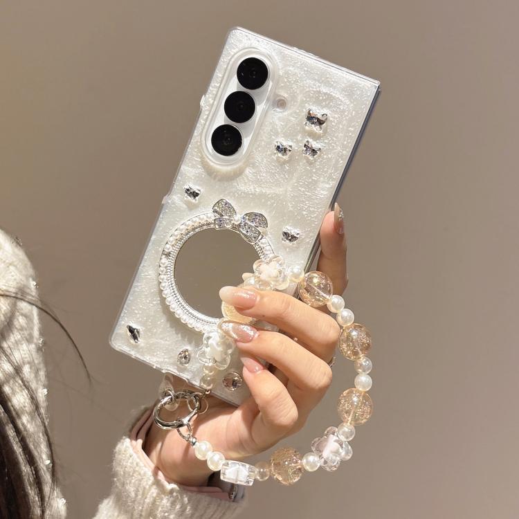 For Samsung Galaxy Z Fold7 5G Snowflake Silver Mirror Design Phone Case with Bracelet