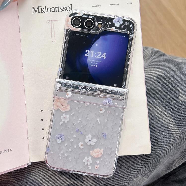 For Samsung Galaxy Z Flip5 Pink White Flowers Leaves Pattern Phone Case with Bracelet