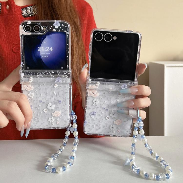 For Samsung Galaxy Z Flip5 Pink White Flowers Leaves Pattern Phone Case with Bracelet