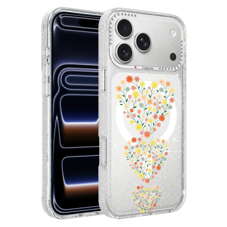 For iPhone 17 Pro Max Flower Pattern IMD Glitter Magnetic Phone Case