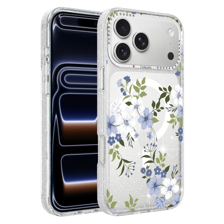 For iPhone 17 Pro Max Flower Pattern IMD Glitter Magnetic Phone Case