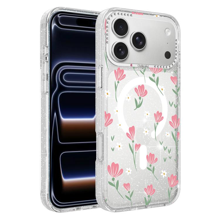 For iPhone 17 Pro Max Flower Pattern IMD Glitter Magnetic Phone Case