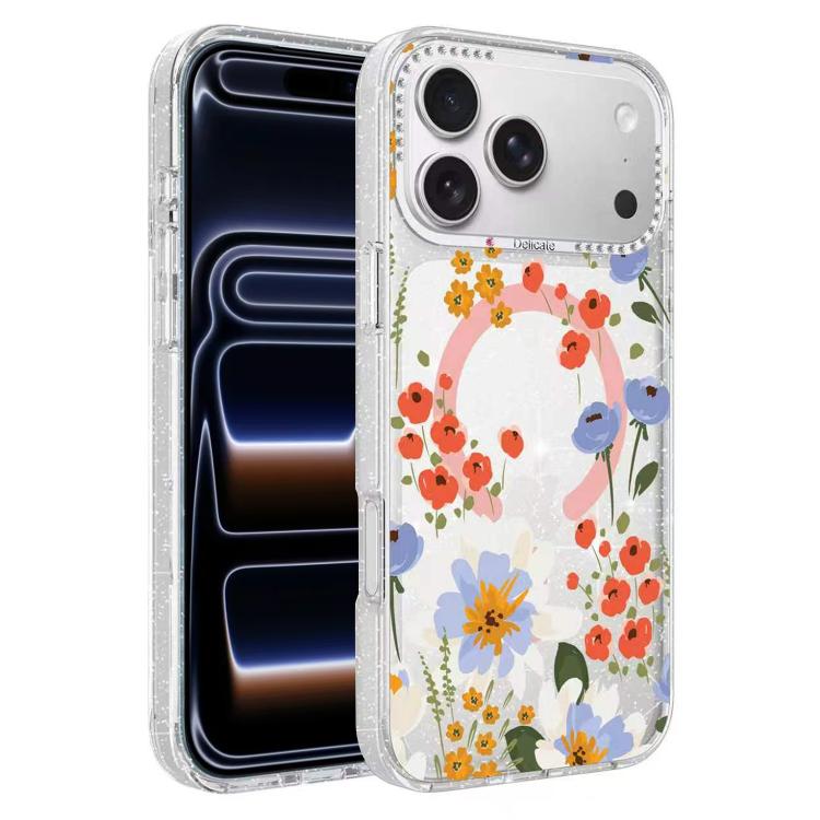 For iPhone 17 Pro Max Flower Pattern IMD Glitter Magnetic Phone Case