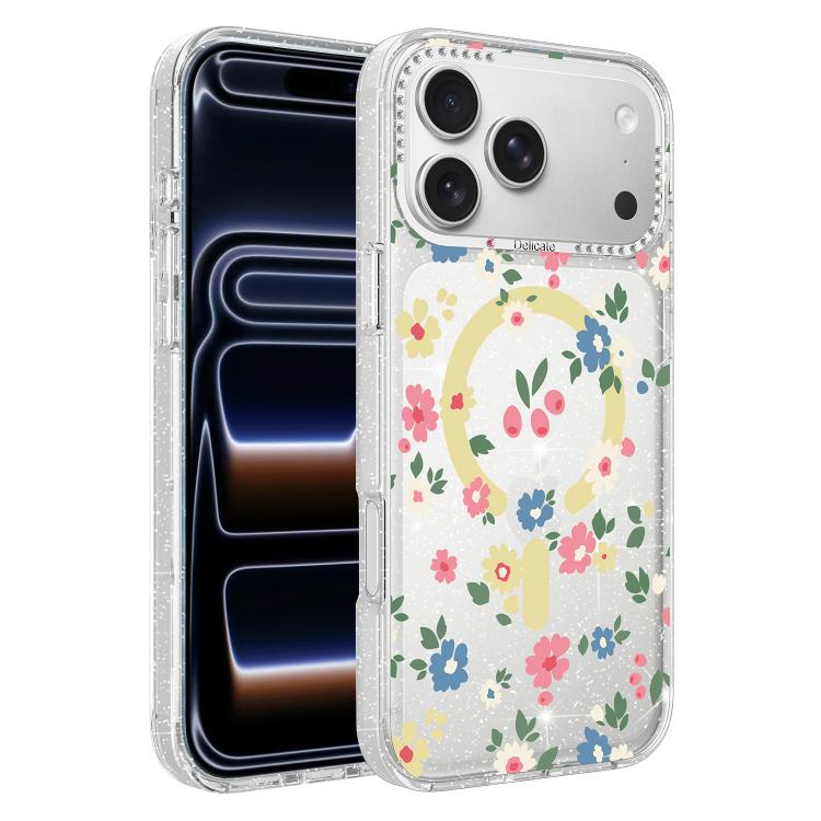 For iPhone 17 Pro Flower Pattern IMD Glitter Magnetic Phone Case