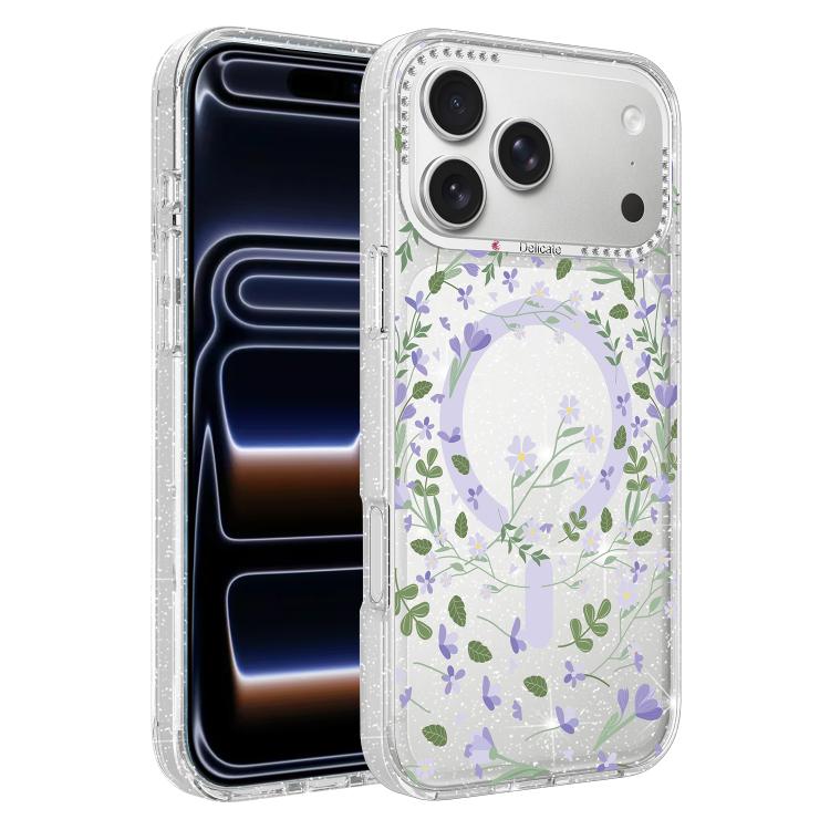 For iPhone 17 Pro Flower Pattern IMD Glitter Magnetic Phone Case