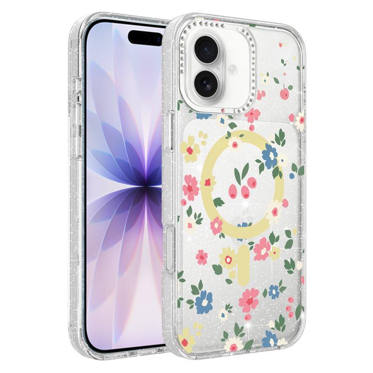 For iPhone 17 Flower Pattern IMD Glitter Magnetic Phone Case