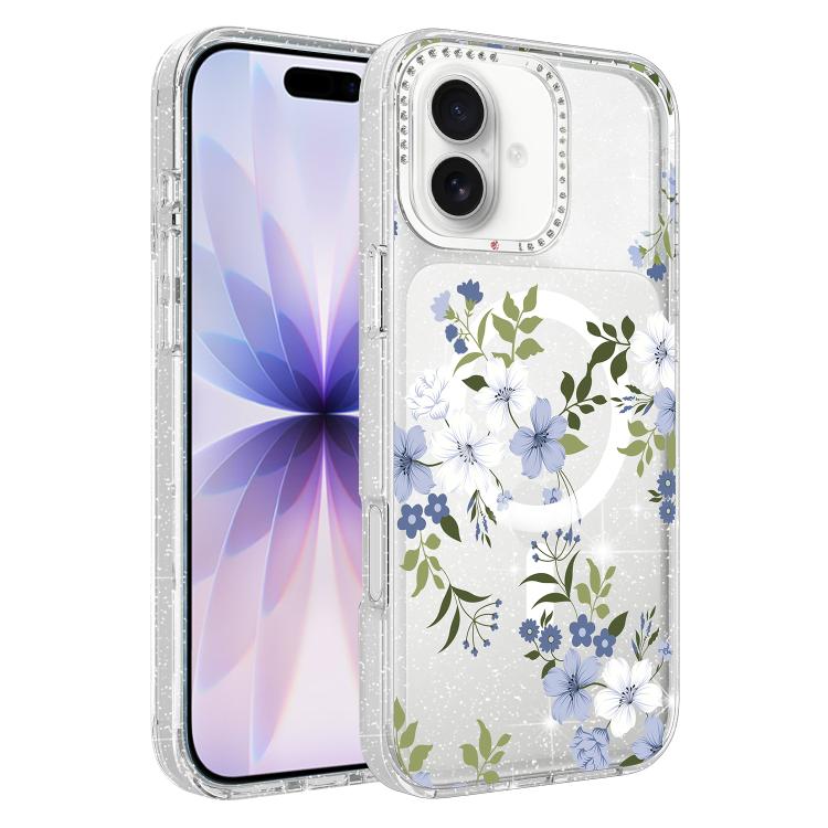 For iPhone 17 Flower Pattern IMD Glitter Magnetic Phone Case