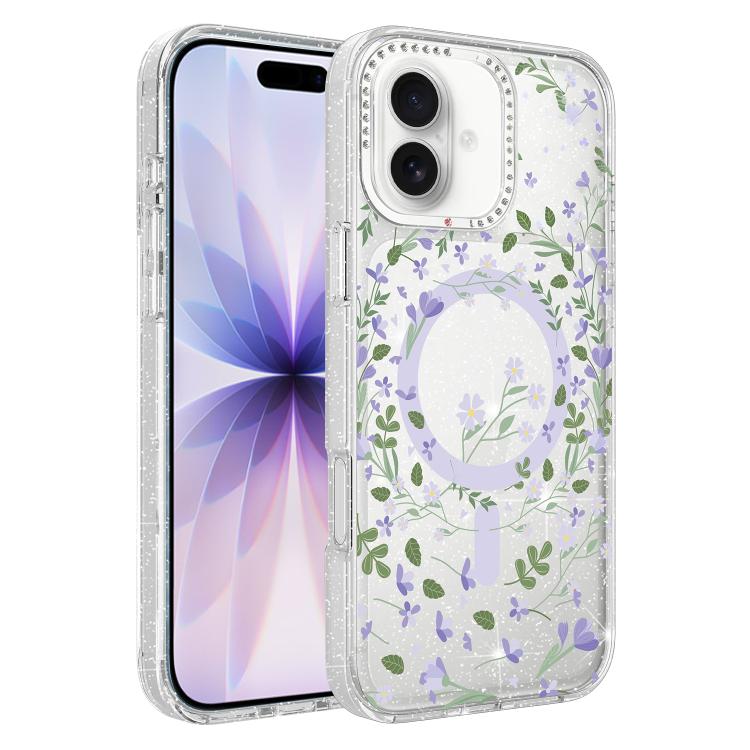For iPhone 17 Flower Pattern IMD Glitter Magnetic Phone Case