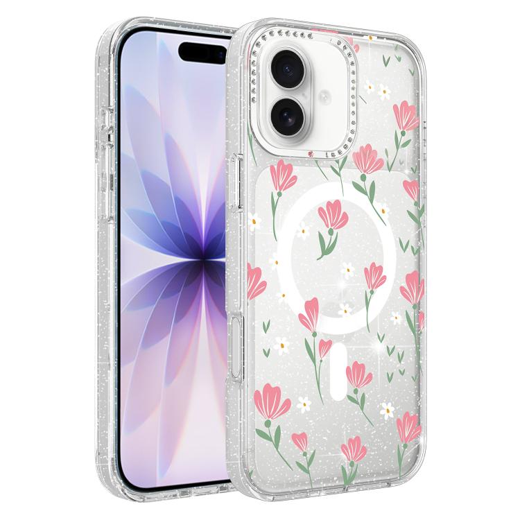 For iPhone 17 Flower Pattern IMD Glitter Magnetic Phone Case