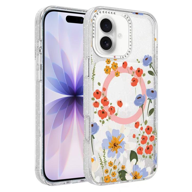 For iPhone 17 Flower Pattern IMD Glitter Magnetic Phone Case