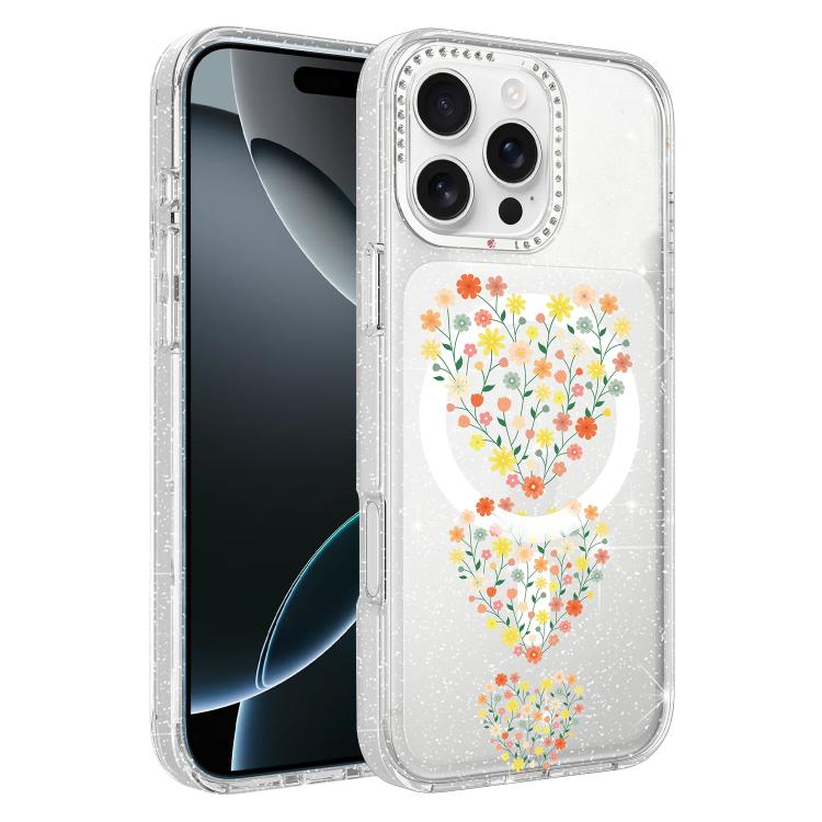For iPhone 16 Pro Max Flower Pattern IMD Glitter Magnetic Phone Case