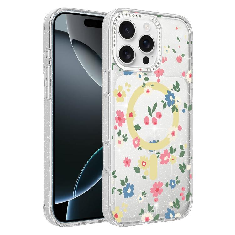 For iPhone 16 Pro Max Flower Pattern IMD Glitter Magnetic Phone Case