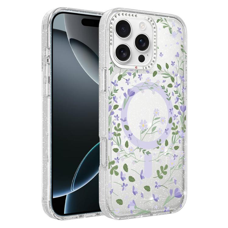 For iPhone 16 Pro Max Flower Pattern IMD Glitter Magnetic Phone Case