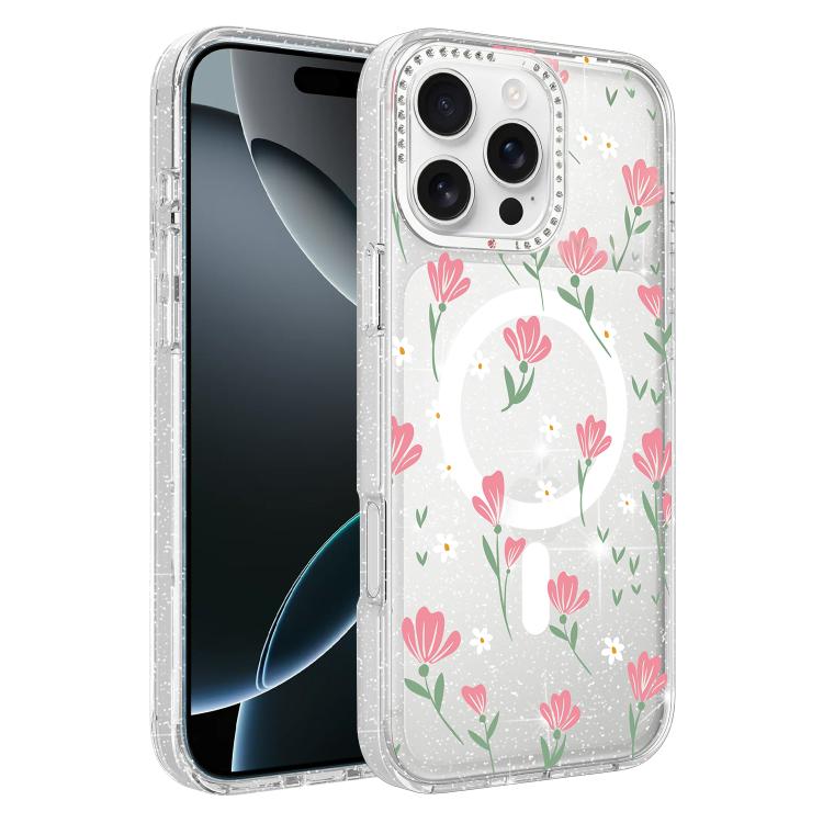 For iPhone 16 Pro Max Flower Pattern IMD Glitter Magnetic Phone Case