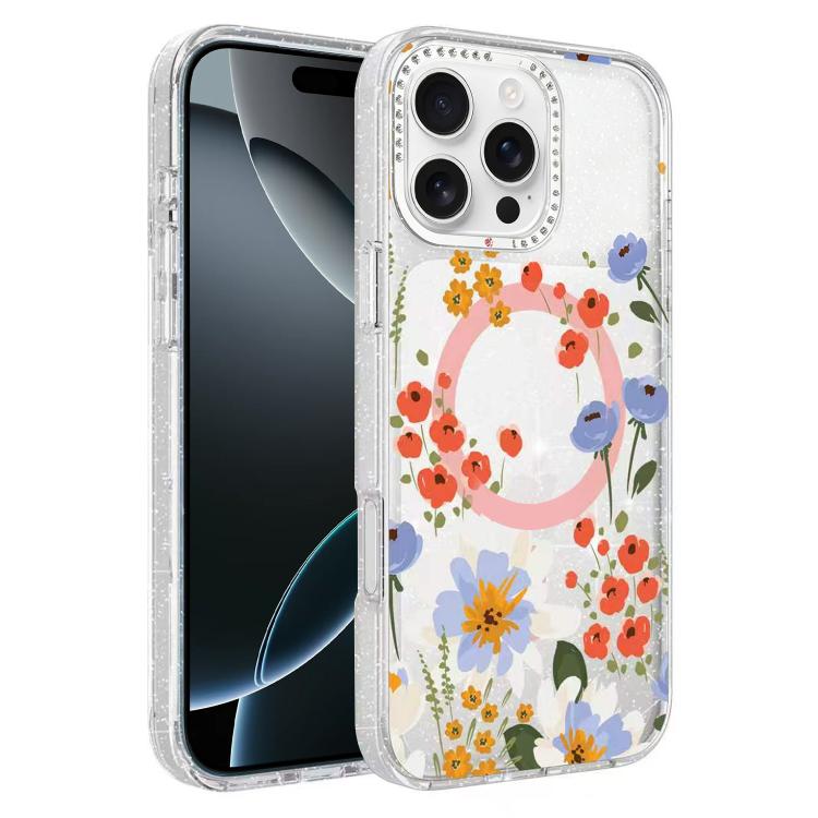 For iPhone 16 Pro Max Flower Pattern IMD Glitter Magnetic Phone Case