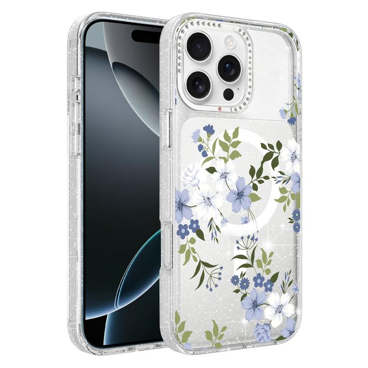 For iPhone 16 Pro Flower Pattern IMD Glitter Magnetic Phone Case