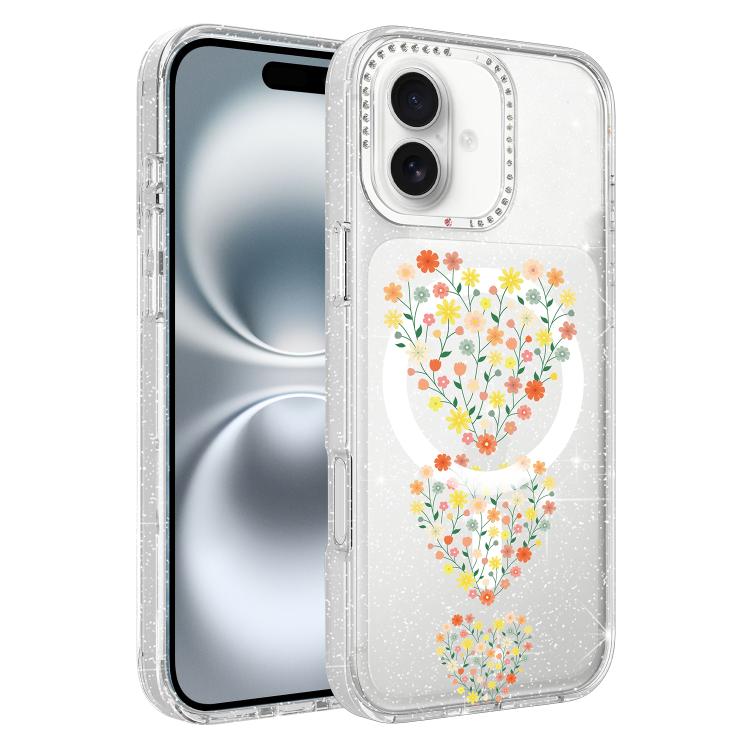For iPhone 16 Flower Pattern IMD Glitter Magnetic Phone Case