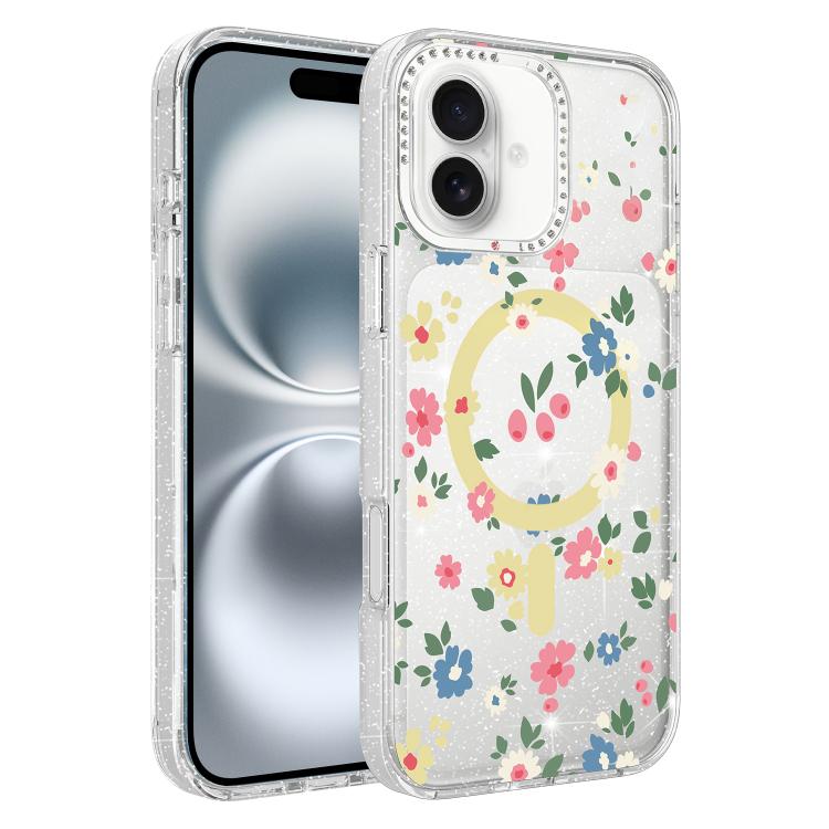 For iPhone 16 Flower Pattern IMD Glitter Magnetic Phone Case