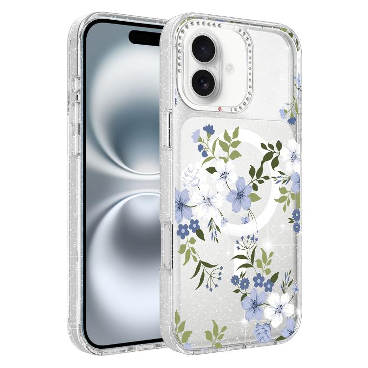 For iPhone 16 Flower Pattern IMD Glitter Magnetic Phone Case
