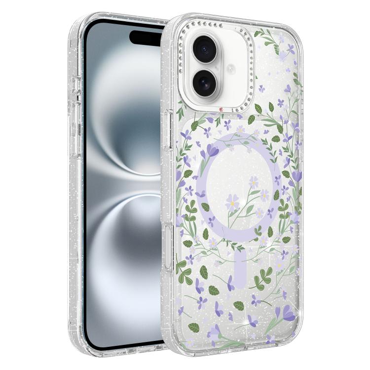 For iPhone 16 Flower Pattern IMD Glitter Magnetic Phone Case