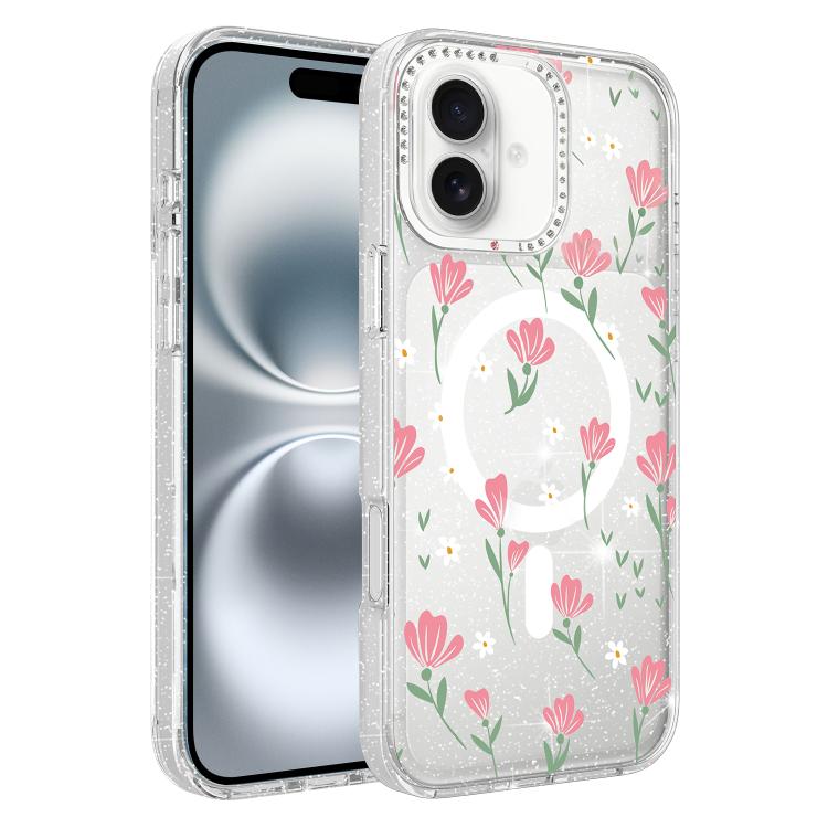 For iPhone 16 Flower Pattern IMD Glitter Magnetic Phone Case