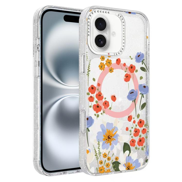 For iPhone 16 Flower Pattern IMD Glitter Magnetic Phone Case