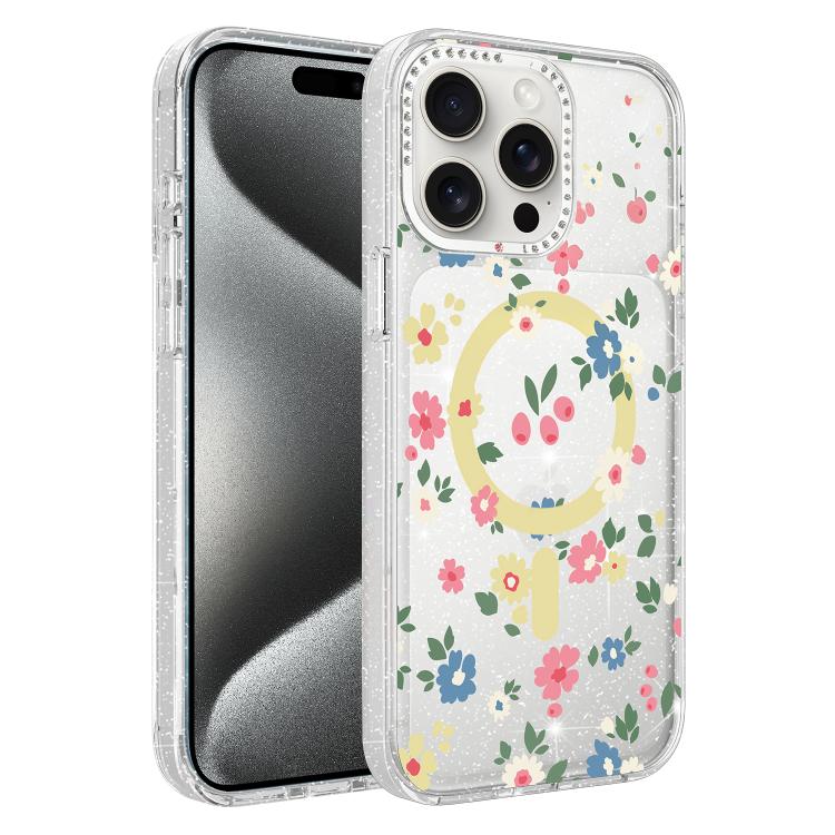 For iPhone 15 Pro Max Flower Pattern IMD Glitter Magnetic Phone Case