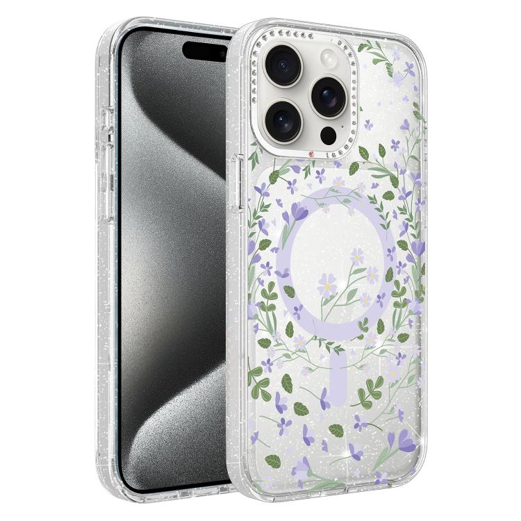 For iPhone 15 Pro Max Flower Pattern IMD Glitter Magnetic Phone Case