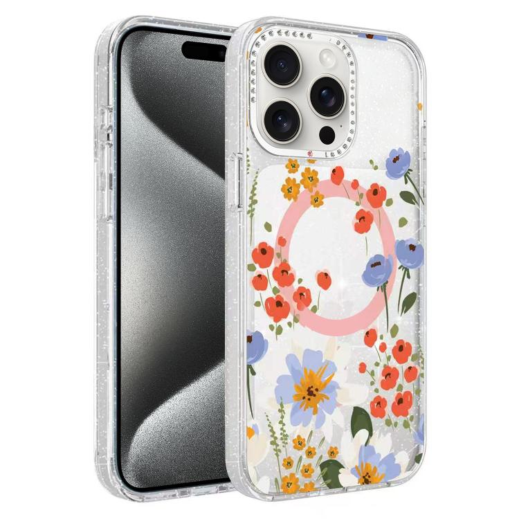 For iPhone 15 Pro Max Flower Pattern IMD Glitter Magnetic Phone Case