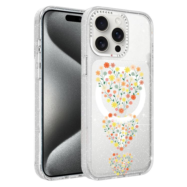 For iPhone 15 Pro Flower Pattern IMD Glitter Magnetic Phone Case