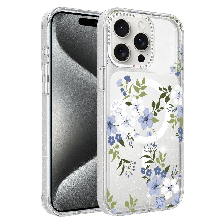 For iPhone 15 Pro Flower Pattern IMD Glitter Magnetic Phone Case